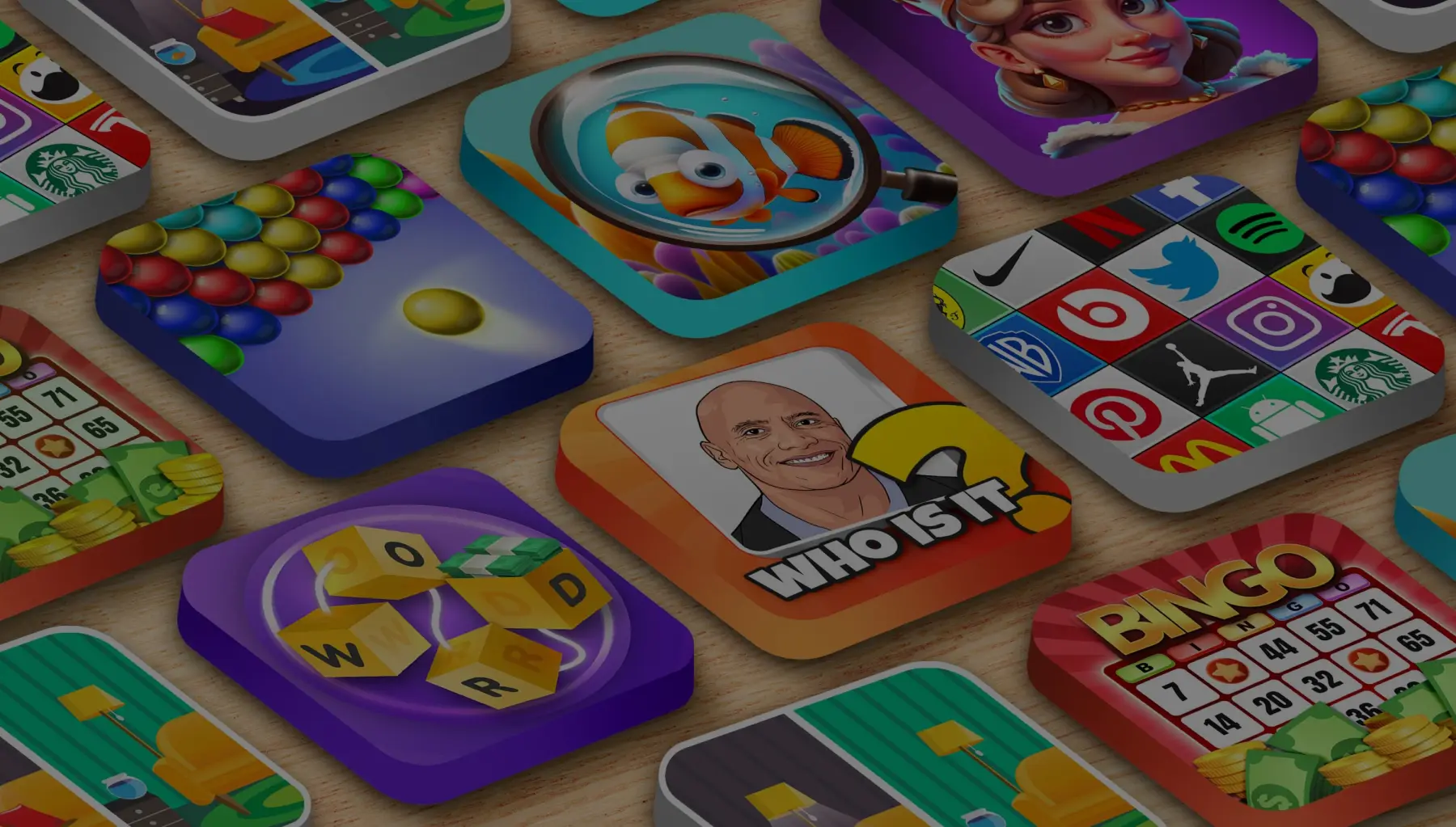 A table of PrizePool game icons: Logo Quiz, Who is it?, Bingo Billionaire and more